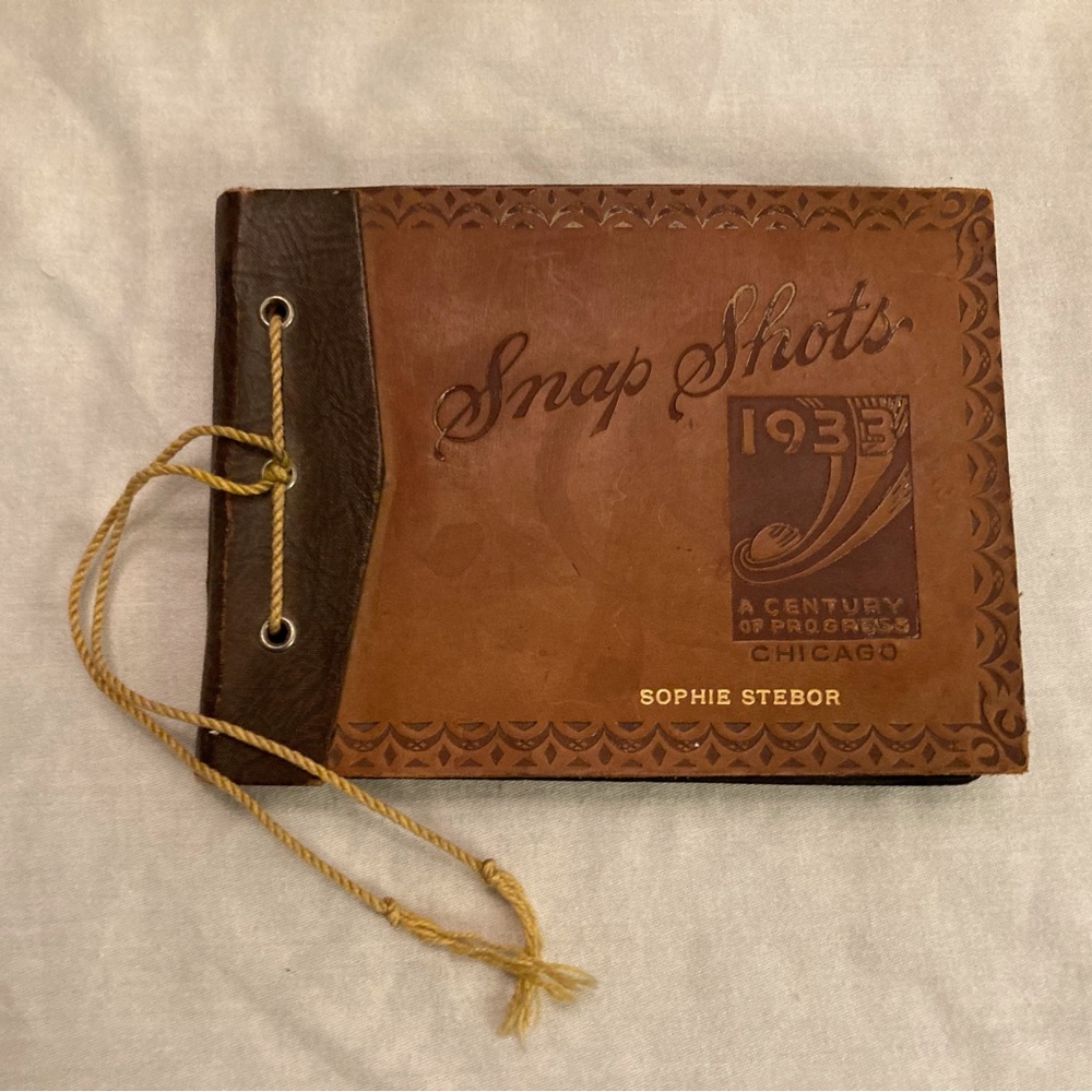 Vintage leather bound photo scrap book stamped Sophie Stebor 1933